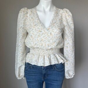 Homebody Boutique Floral Smocked Ruffled Hem Lace Trim V-Neck Blouse Size Med‎